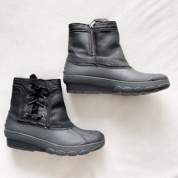 Sperry Top Sider Black Lace Up Detail Saltwater Wedge Spray Duck Boots - Picture 1 of 5